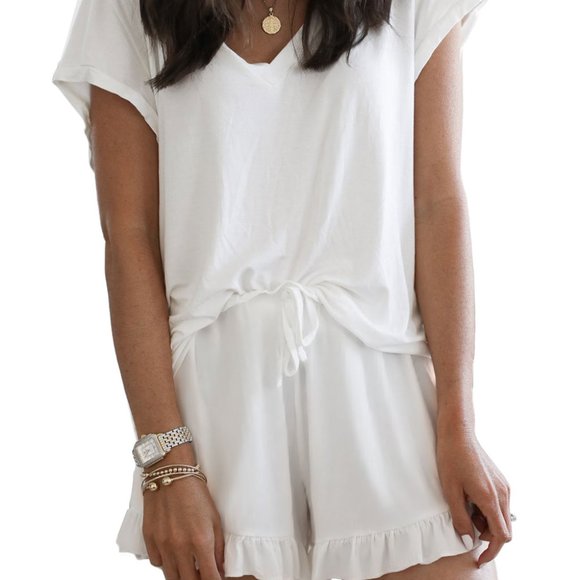 White Extra Soft T Shirt Ruffle Shorts Pajama Set Lounge Wear Pajamas P3506 - Picture 4 of 4